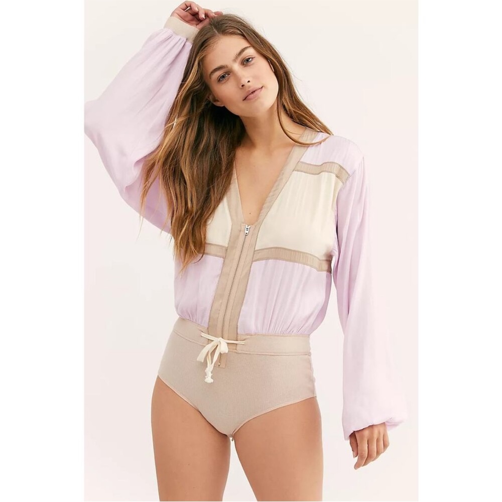 Free People Intimately Color Block Long Sleeve Track Bodysuit Top Shirt Blouse